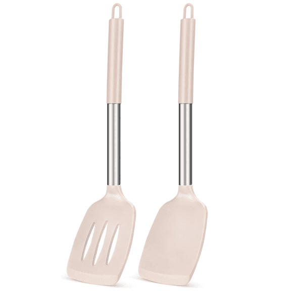Prichor 2-Pack Silicone Solid and Slotted Turner Set, High Heat Resistant BPA-Free Kitchen Spatulas for Non-Stick Cookware, Khaki