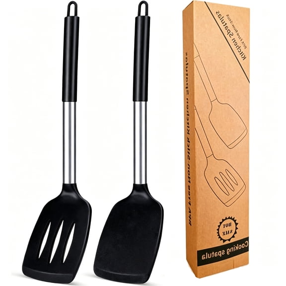 2 Pack Silicone Spatulas Turners, Silicone Cooking Spatula Heat Resistant Turner, Non Stick Slotted Solid Kitchen Utensils, Stainless Steel Handle, for Frying, Baking, Flipping, Turning