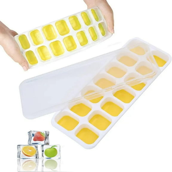 2 Pack Silicone stackable Ice Cube Trays, Reusable Flexible Silicone Ice Cube Trays with Spill-Resistant Removable Lids, Easy Release Ice Maker Tray - Easy to Use & Dishwasher Safe (White+Yellow)…