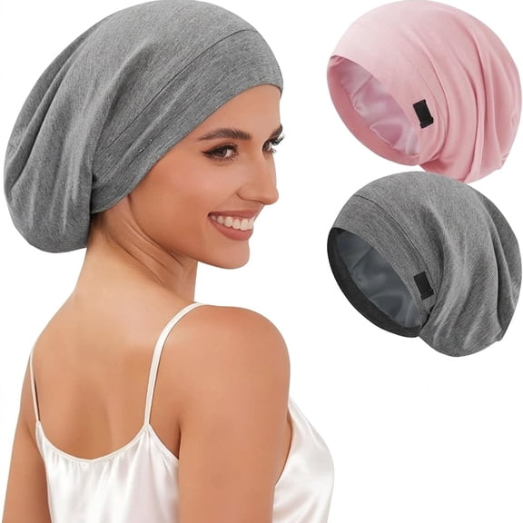 Silk Sleep Bonnets 2-Pack with Adjustable Strap, Stay on All Night Hair Wrap Cap for Women and Men, Pink and Gray