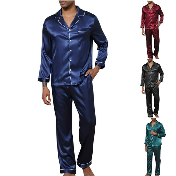 2 Pack Silk Pajama Sets for Men with Pockets Two Piece Soft Satin Loungewear Outfits Mens Casual Solid Long Sleeve Shirts and Pants Sleepwear Set