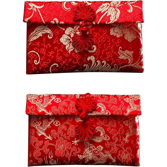 2-Pack Silk Red Envelopes, Dragon and Phoenix Embroidered Chinese Red Pocket, Lucky Money HongBao Card Cash Envelope for New Year Spring Festival Wedding Birthday Gift,Chinese Knot Button