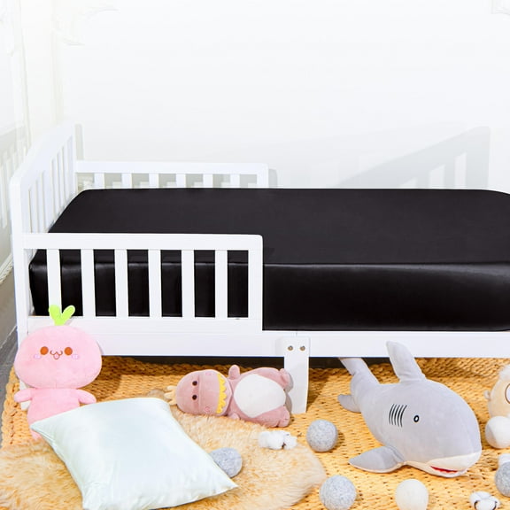 2 Pack Silky Satin Fitted Crib Sheet with Deep Pocket, Easy Care and Ultra Soft Fitted Sheet for Toddler Bed, Boys, Girls, Black, 28" x 52"