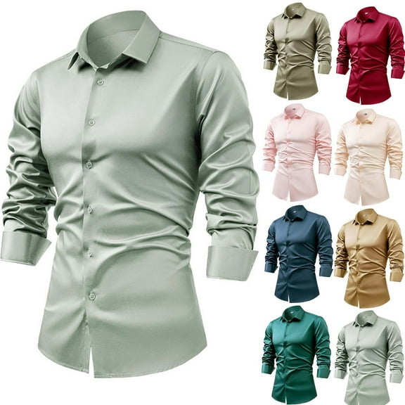 2 Pack Silk Satin Shirts for Men Dress Long Sleeve Tshirts Shirt Mens Business Casual Solid Color Slim Button-Down Collared Going-Out Work Tops