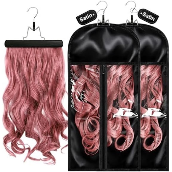 2 Pack Silk Satin Wig Storage Bag with Hanger, Breathable Hair Extension Holder for Styling & Organizing, Dust-proof Silk Case for Protecting Hair Extensions & Wigs
