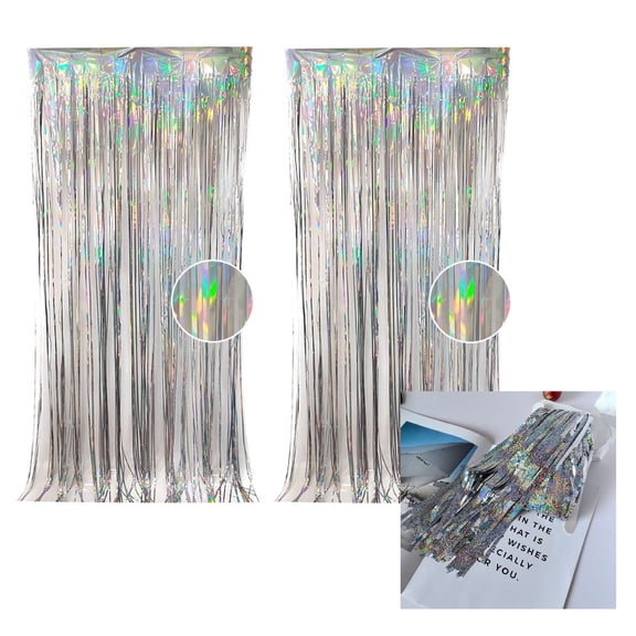 2 Pack Silver Color Tinsel Backdrop 39in x 79in , Metallic Foil Backdrop Fringe Curtains Party Streamer, Party Decorations Photo Backdrop for Birthday