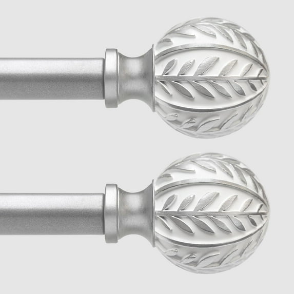 2 Pack Silver Curtain Rods for Windows 48 to 84 inch,1" Adjustable Heavy Duty Window Curtain Rod with Leaf Finials,Rustic Decorative Drapery Rods Set,Size:36-88''