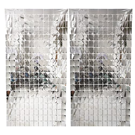 2 Pack Silver Foil Fringe Square Curtain Party Decorations, Sequin Backdrop for Birthday, Bachelorette, Engagement, Christmas, New Year Events - 3.3 x 6.6 Ft