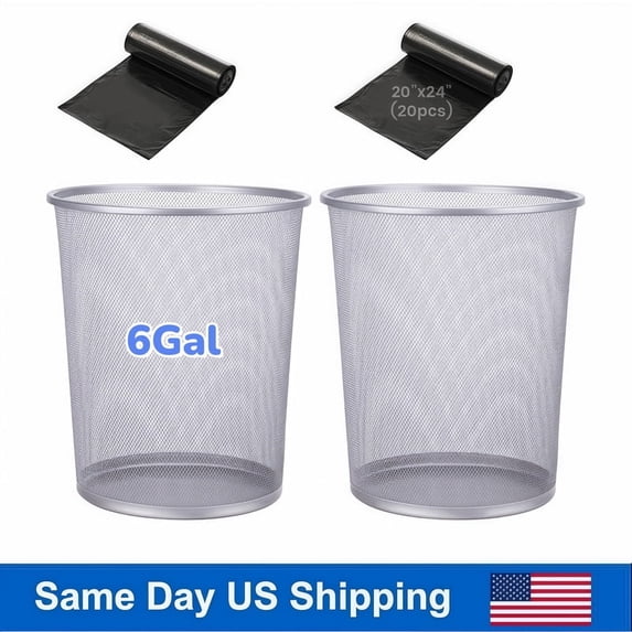 2 Pack Silver Mesh Wastebaskets, 6 Gallon Round Office Trash Cans Set, Metal Garbage Bin for Desk, Bathroom & Dorm with 40 Trash Bags