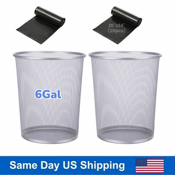 2 Pack Silver Mesh Wastebaskets, 6 Gallon Round Office Trash Cans Set, Metal Garbage Bin for Desk, Bathroom & Dorm with 40 Trash Bags