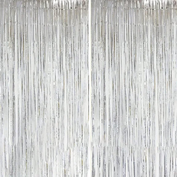 2 Pack Silver Metallic Foil Curtain Backdrop: Tinsel Fringe Curtains Photo Booth