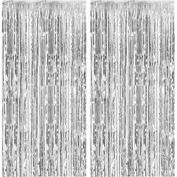 2 Pack Silver Metallic Foil Door Curtain Hanging Decoration, 6.56Ft X 3.28Ft, Party Banners New Year Decorations, Shimmer Backdrop Door Streamers Birthday Backdrop Door Decoration