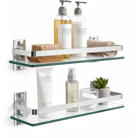 2 Pack Silver Wall-Mounted Tempered Glass Shelf 15.7 Inches