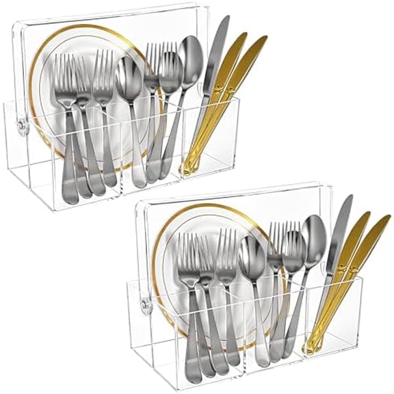 2 Pack Silverware Organizer, Paper Plate Holders, Cutlery and Flatware Caddy for Countertop, Table, Buffet, and Picnic - Acrylic Party Utensil Holder for Knives, Forks, Spoons, Plates, Napkins