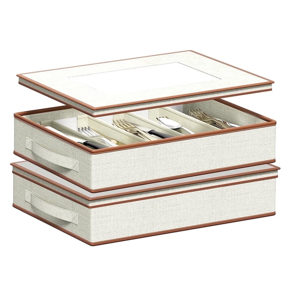 Aokeyee 2 Pack Silverware Storage Box with Adjustable Dividers, 5 Compartment Silverware Organizer with Lid Handle for Utensil Flatware Knives, Beige