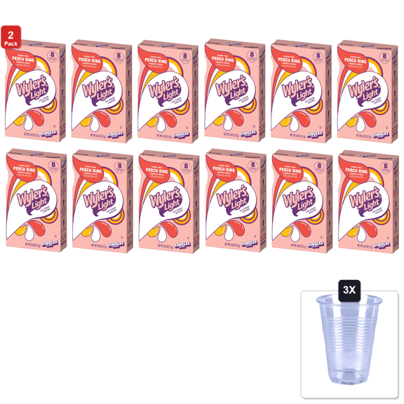 2 Pack | Singles To Go! Wylers Light Peach Ring Flavor, Trend Inspired Flavor Drink Mix, 6 Per Box And 36 Total Servings - 6 Boxes & 3x 16oz Plastic Cup with Strawless Sip-Lid