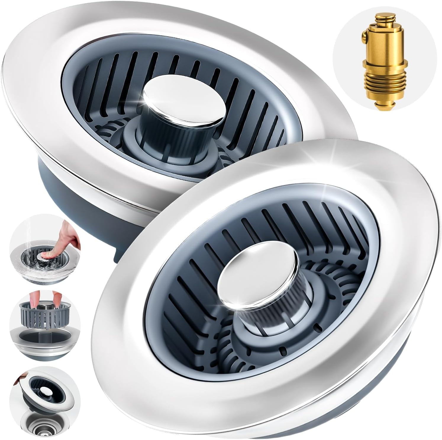 2 Pack Sink Drain Strainer, Sink Stopper, 3 in 1 Stainless Steel Kitchen Sink Drain Strainer with Anti-Clogging Basket, Fit US Standard 3-1/2 Inch Drain Hole