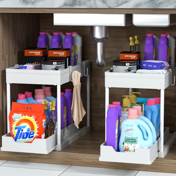 2 Pack Under Sink Organizer, 2 Tier Bathroom Cabinet Organizer with Sliding Basket, Multi-Purpose Under Sink Organizers and Storage for Bathroom Kitchen (White 2 Pack)