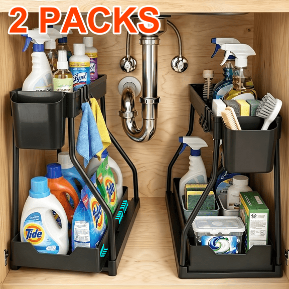2 Pack Under Sink Organizer, 2 Tier L-Shaped Pull Out Cabinet Organizer for Kitchen and Bathroom, Space Saving Sliding Drawer Storage Rack, Durable Plastic Narrow Space Shelves, Black