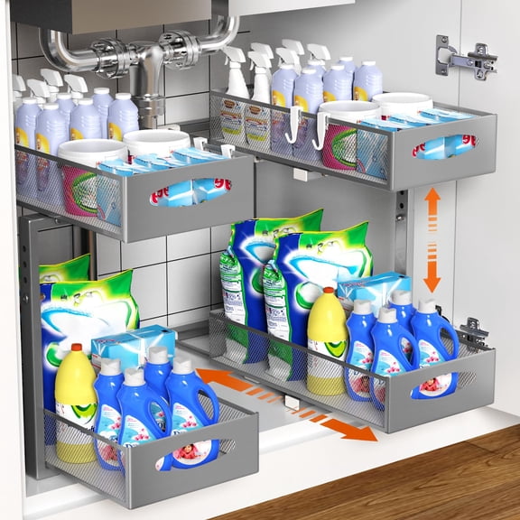 2 Pack Under Sink Organizer, 2 Tier Metal Pull Out Under Sink Storage with Sliding Mesh Drawers, Height Adjustable Slide Out Under Sink Organizer for Kitchen Bathroom Cabinet, Gray