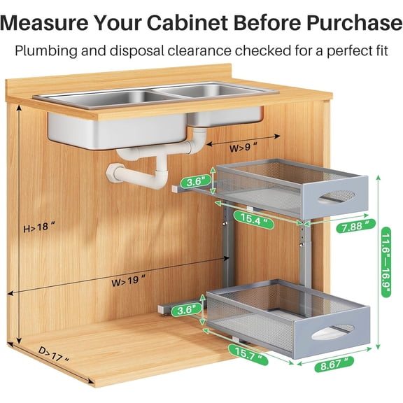 2 Pack Under Sink Organizer, 2 Tier Pull out Cabinet Organizer Mesh Baskets with 5 Adjustable Heights, Sliding Drawers Storage Shelf for Home, Kitchen, Bathroom, Pantry, Office, Countertop ,