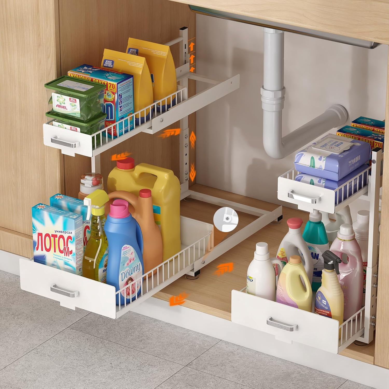 2 Pack Under Sink Organizer, 2 Tier Slide Out Cabinet Organizer with Pulley, Height Adjustable Pull Out Shelf for Kitchen, Bathroom, Laundry and Utility Storage, White