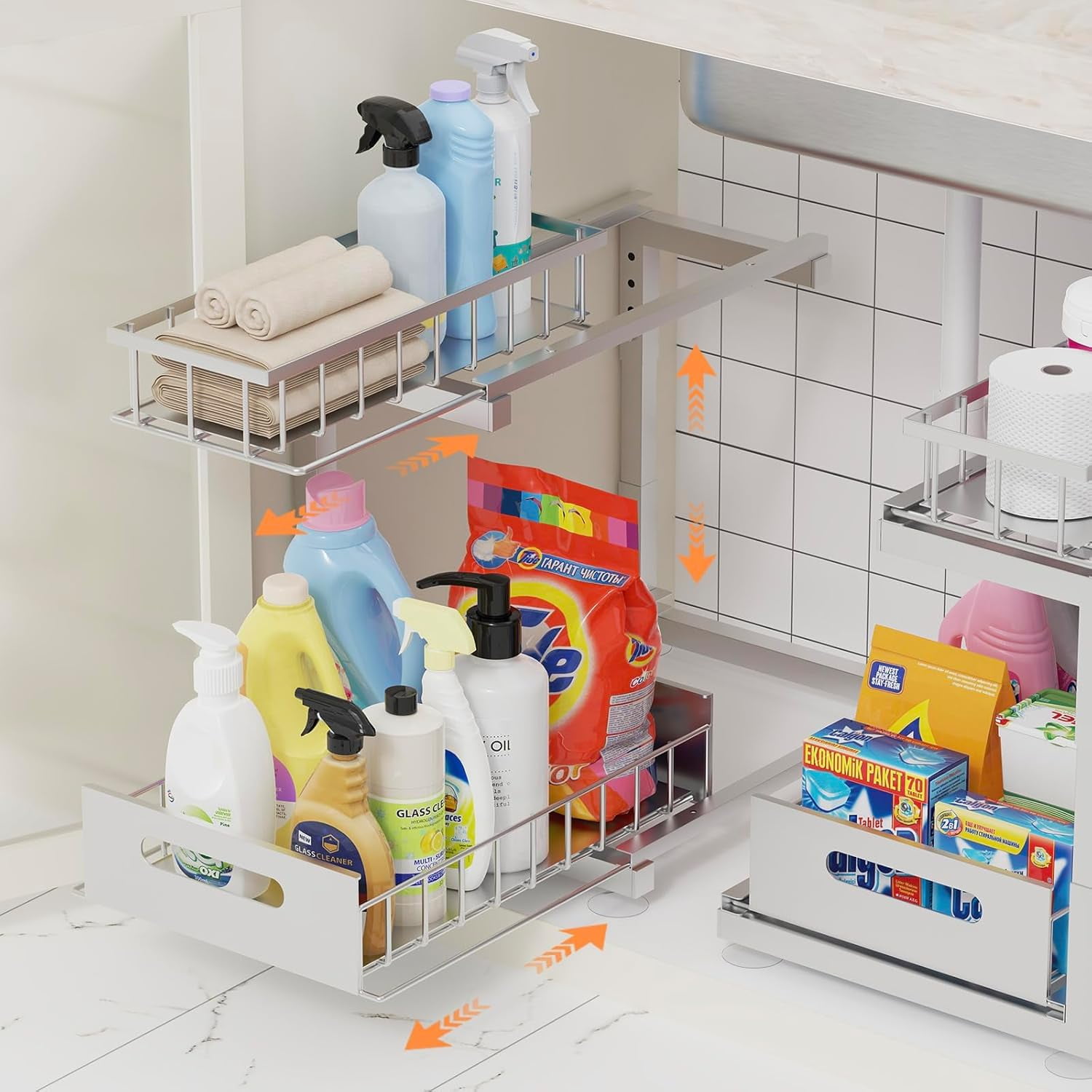 2 Pack Under Sink Organizer, Heavy Duty Meta Slide Out Sink Shelf Organizer Height Adjustable, Multi-Purpose Storage Shelf for Kitchen Bathroom (Silver,2Pack)