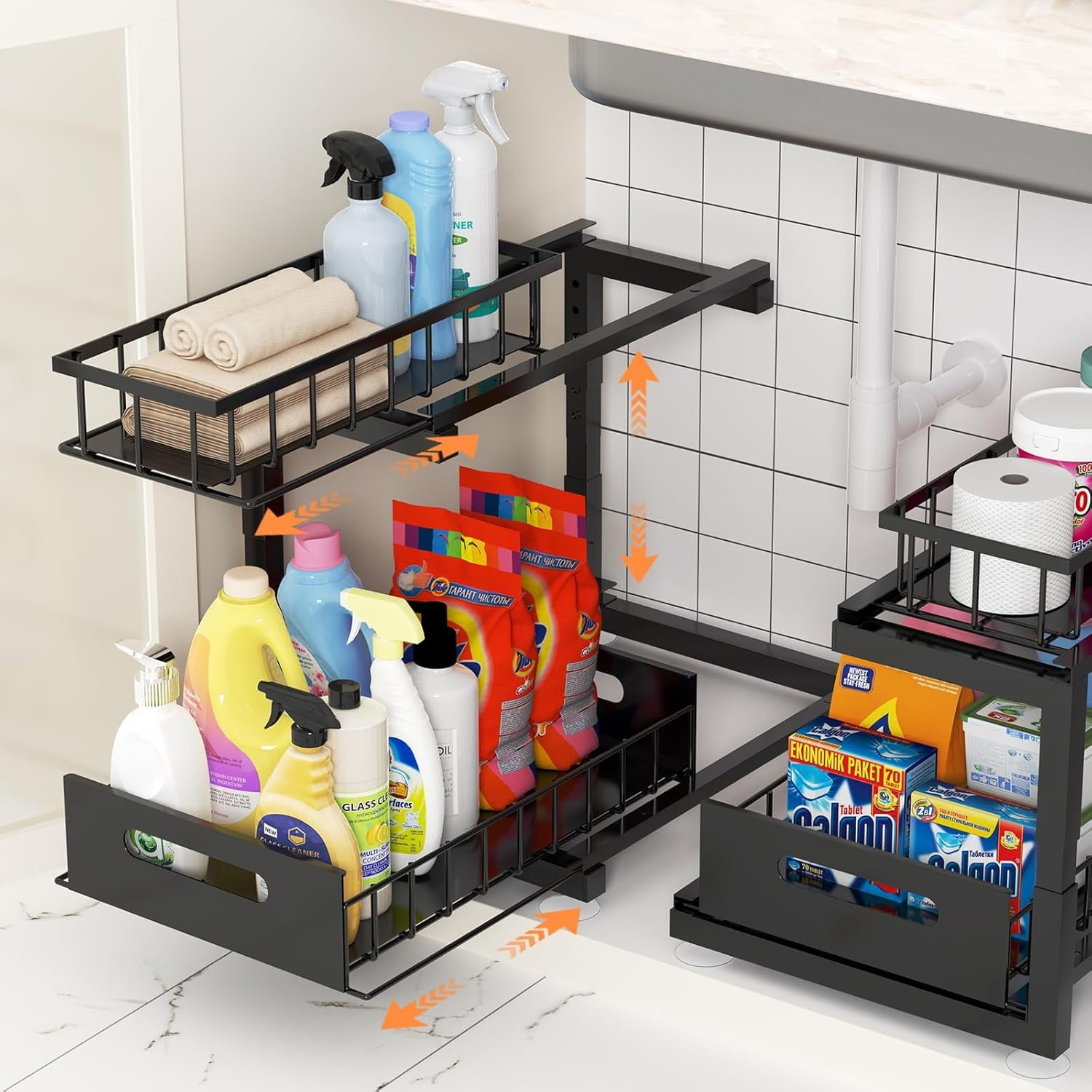 2 Pack Under Sink Organizer, Heavy Duty Metal Slide Out Sink Shelf Organizer Height Adjustable, Multi-Purpose Storage Shelf for Kitchen Bathroom (Black,2Pack)