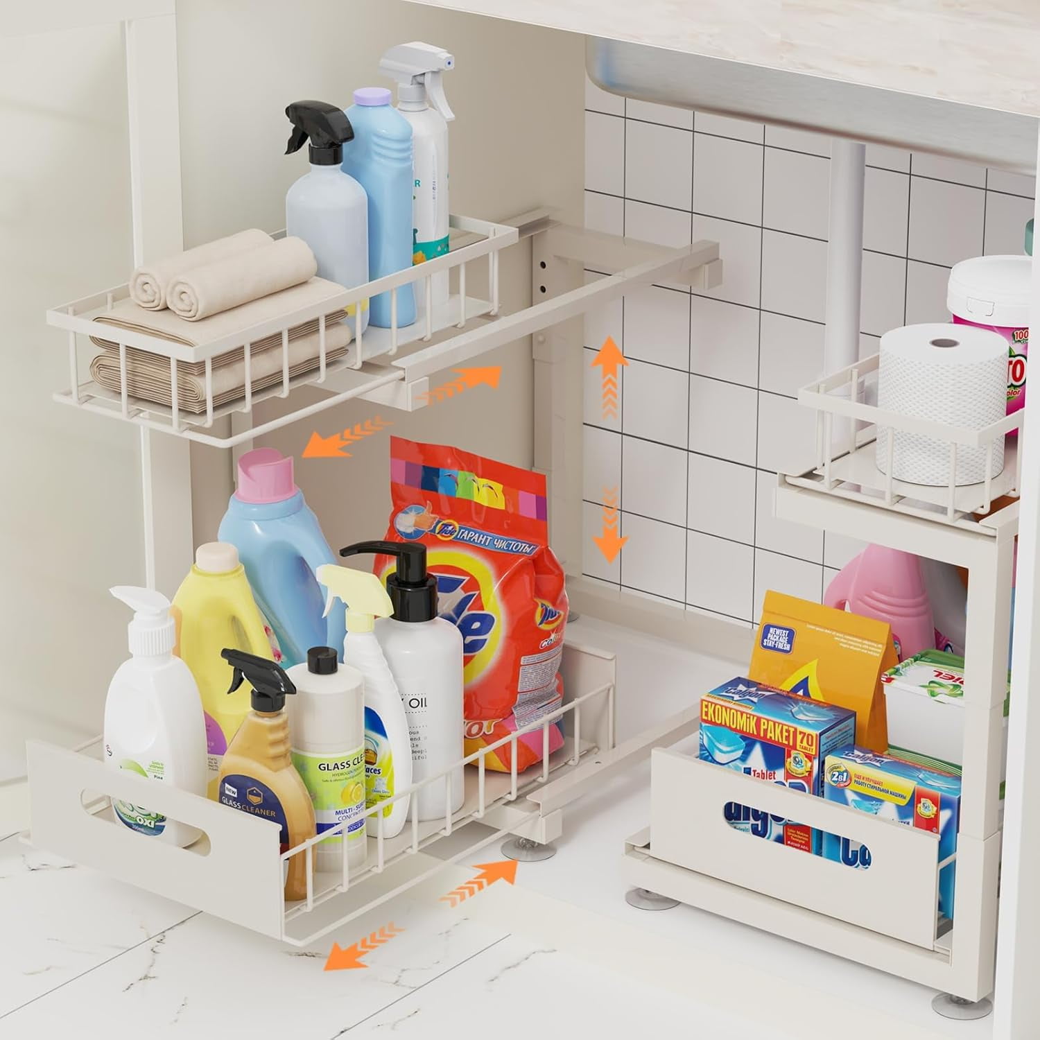 2 Pack Under Sink Organizer, Heavy Duty Metal Slide Out Sink Shelf Organizer Height Adjustable, Multi-Purpose Storage Shelf for Kitchen Bathroom (Sand,2Pack)