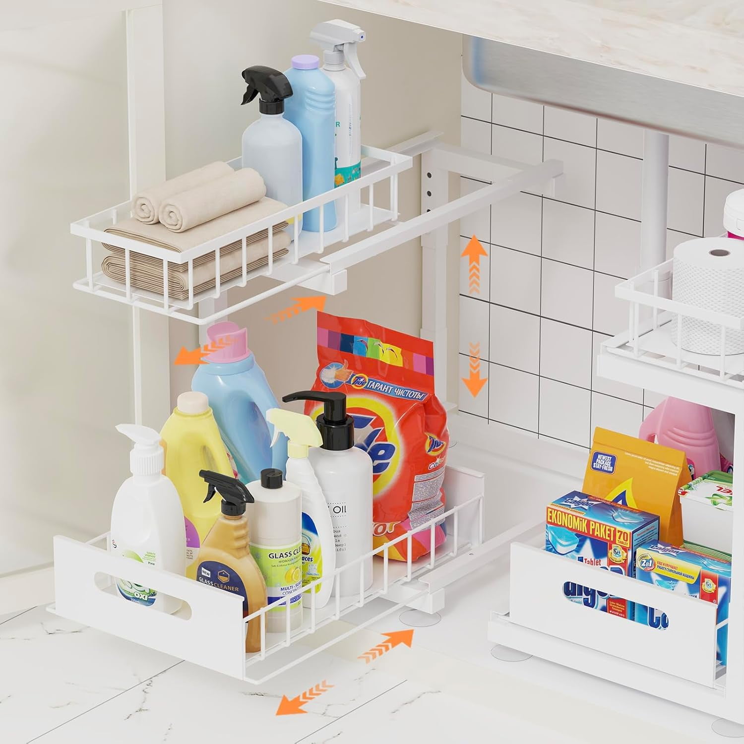 2 Pack Under Sink Organizer, Heavy Duty Metal Slide Out Sink Shelf Organizer Height Adjustable, Multi-Purpose Storage Shelf for Kitchen Bathroom (White,2Pack)