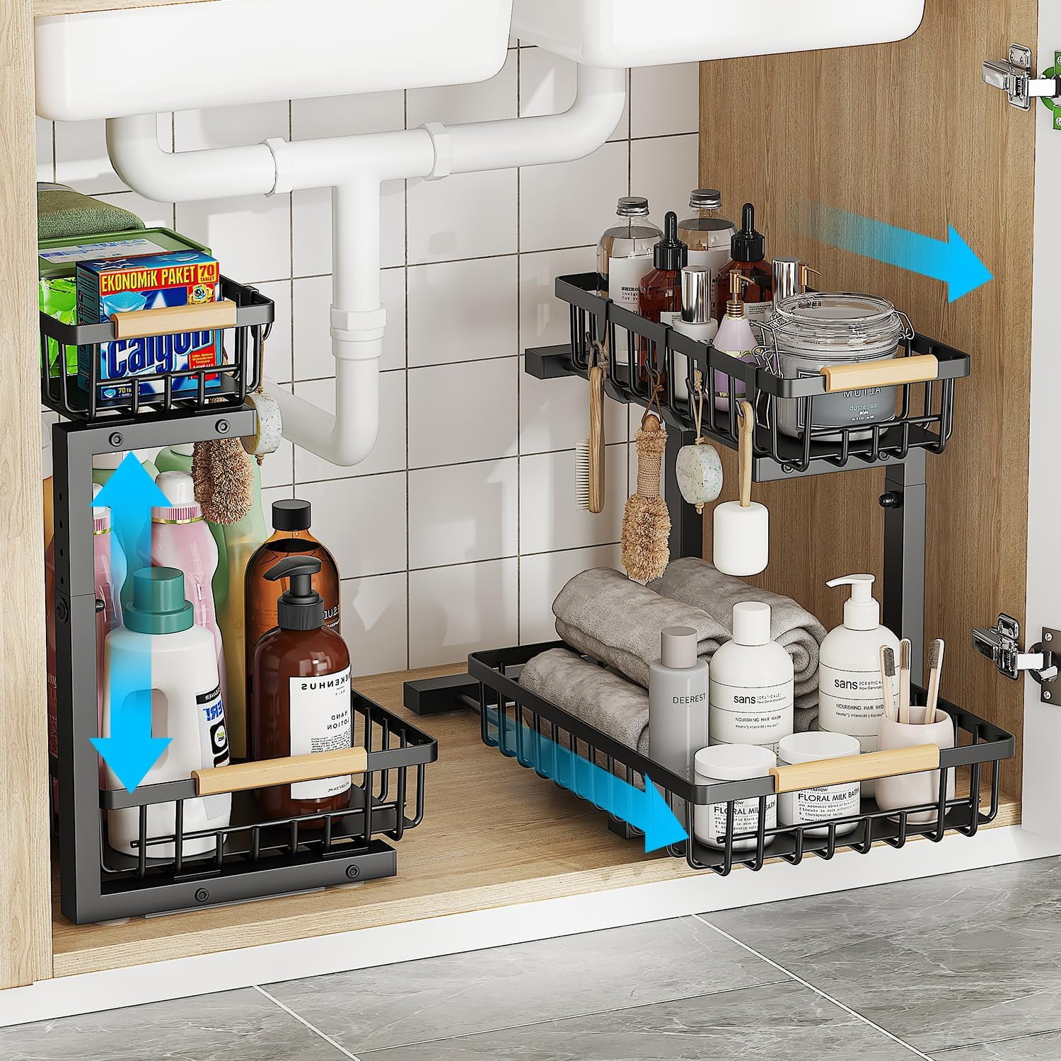 2 Pack Under Sink Organizer, Large 2 Tier Under Sink Organizer Storage, Height Adjustable Metal Pull Out Cabinet Organizer, Sliding Storage for Kitchen/Bathroom/Laundry Room.