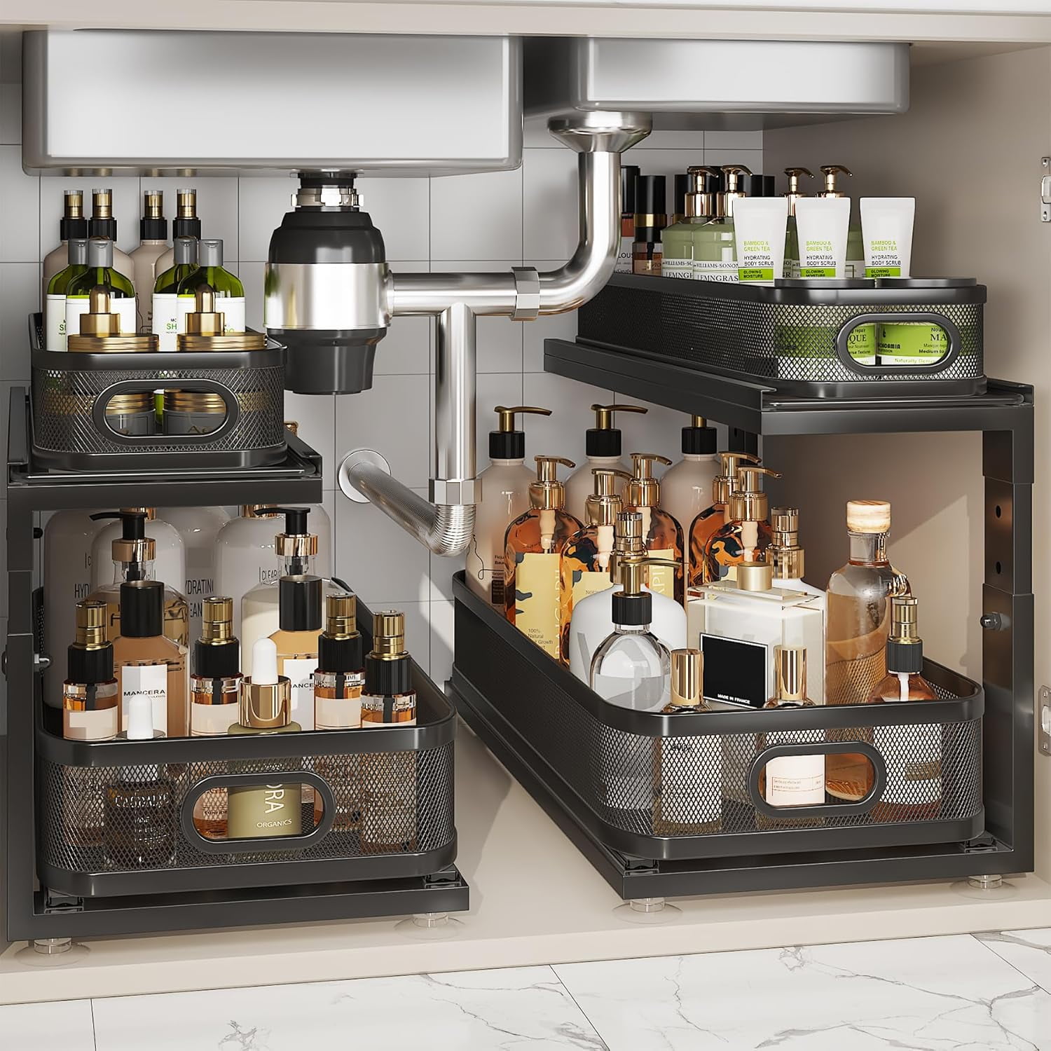 2 Pack Under Sink Organizer With Next-Gen Ball-Bearing Slides,2-Tier Precision Mesh Pull Out Cabinet Drawers Storage for Bathroom&Kitchen,Height Adjustable Shelf,Rust-resistant-Patent Pending