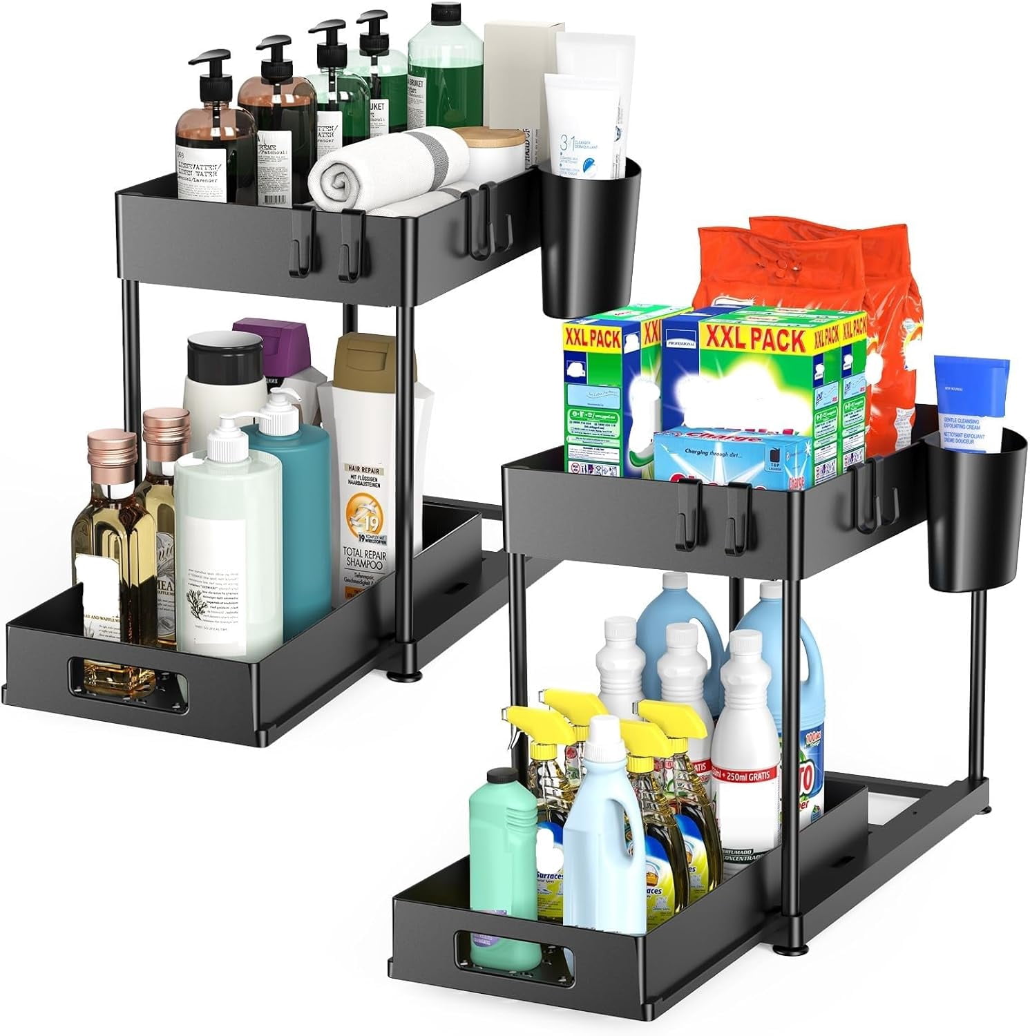2 Pack Under Sink Organizer with Pull-Out Drawer, 2-Tier Cabinet Storage for Kitchen & Bathroom, Tool-Free Assembly, Fits Cleaning Supplies Toiletries, Space Saving Small Cabinets, Black