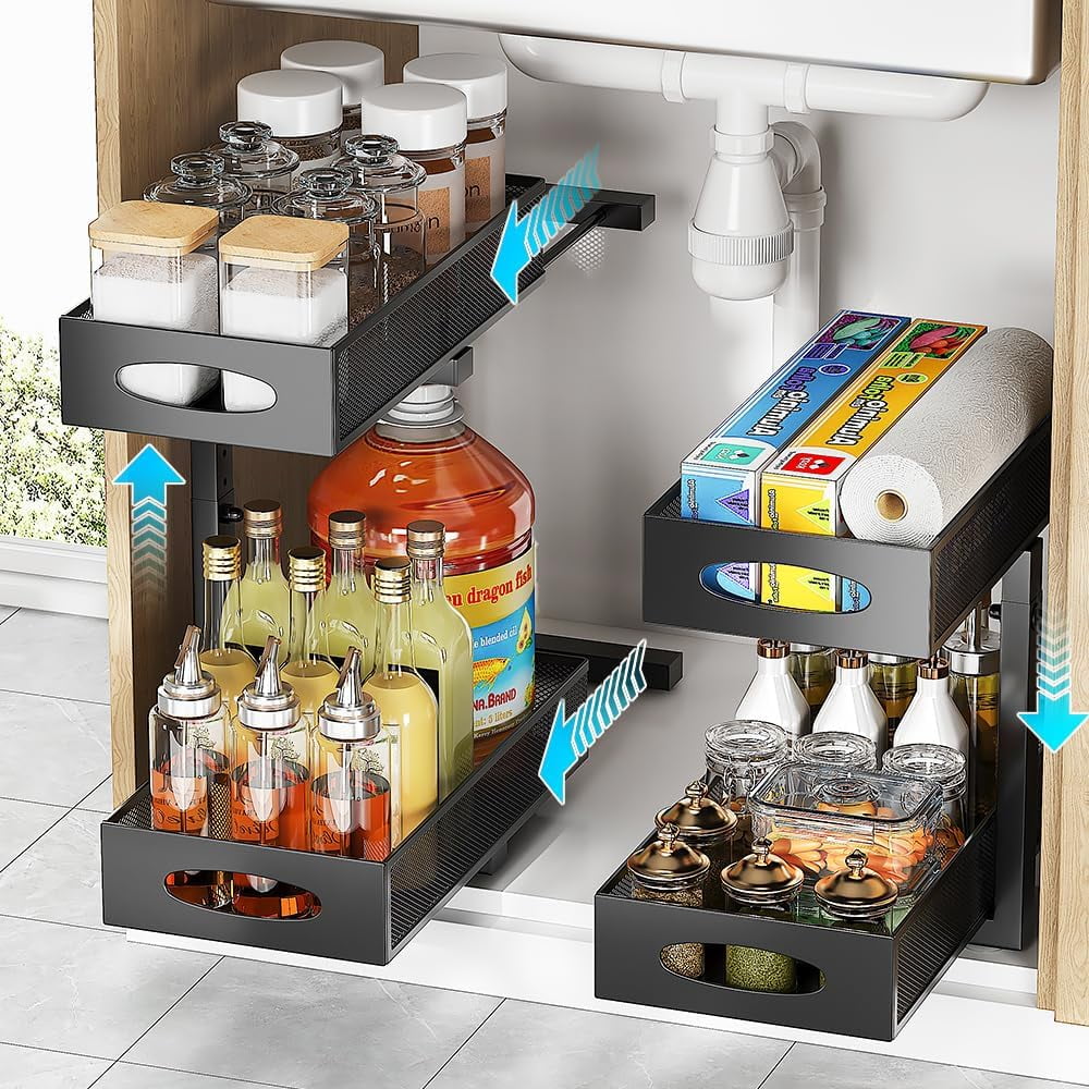 2 Pack Under Sink Organizer and Storage, 2 Tier Pull Out Sliding Cabinet Shelf, 5-Level Height Adjustable Thickened Carbon Steel Storage Rack for Kitchen Bathroom Cabinet, Black
