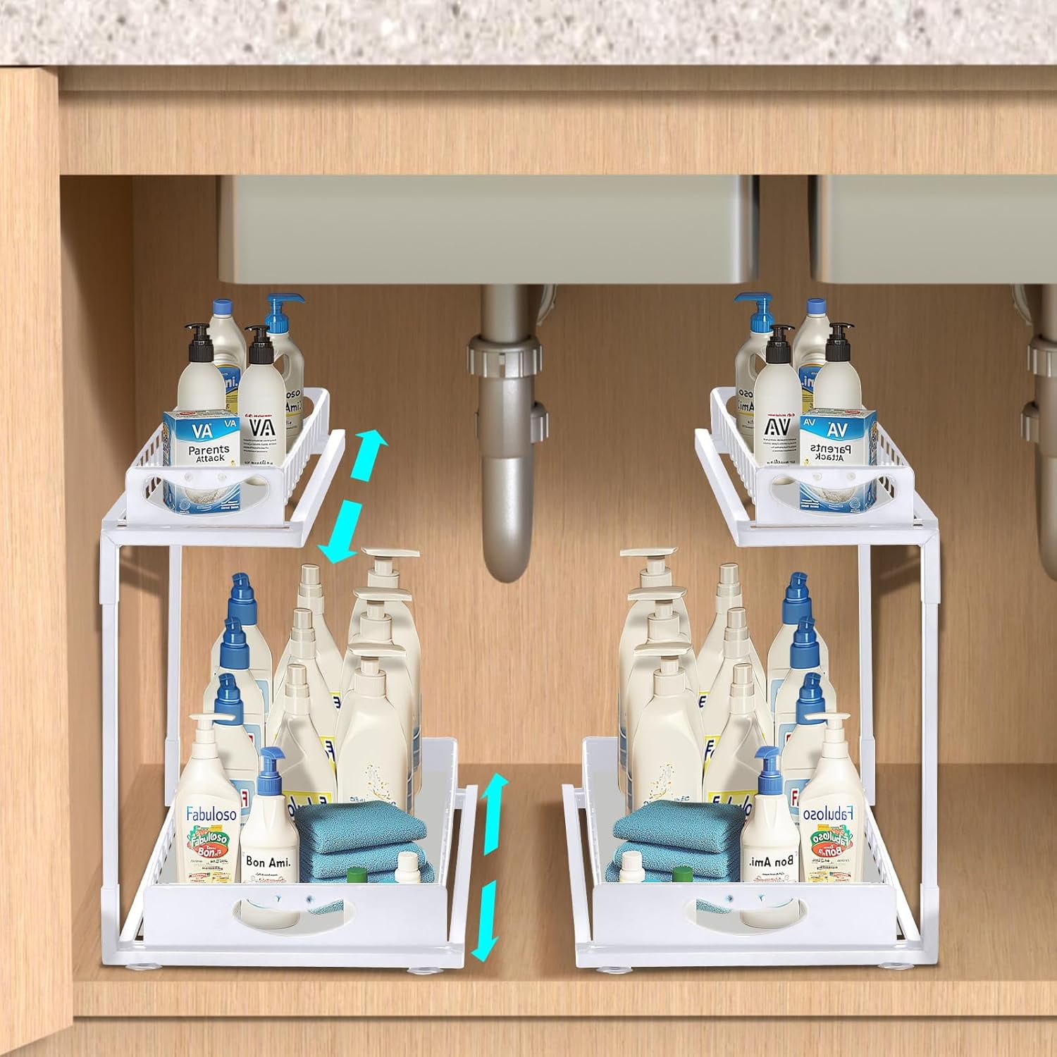 2 Pack Under Sink Organizer,Two Tier Sliding Kitchen Organization and Storage, Multi-Use Under Sink Organizer for Kitchen Bathroom Pantry Cabinet Closet,White