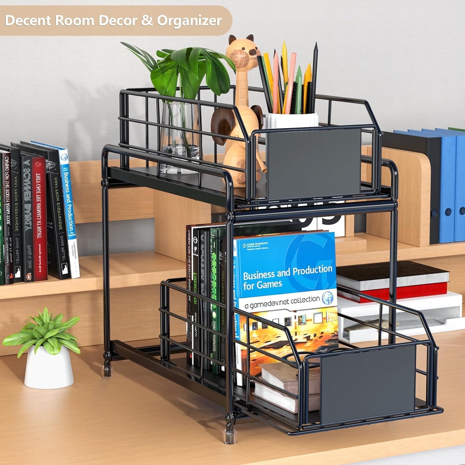 Black 2-Tier L-Shaped Under Sink Organizer with Sliding Drawers