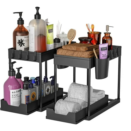 2 Pack Under Sink Organizers and Storage, Wattne Kitchen Bathroom Sink Organizer with Hooks, 2 Tier Under Sink Cabinet Basket Storage Shelf with Sliding Drawers, Black