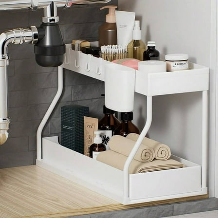2 Pack Under Sink Organizers White, 2-Tier Large Capacity Pull Out Kitchen & Bathroom Under Sink Drawer Organizer - Space-Saving, Durable White Storage Solution（R） ﻿