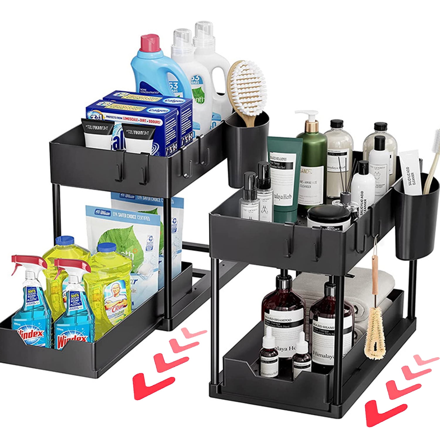 2 Pack Under Sink Organizers,  YUWENUS Sliding Under Bathroom Cabinet Organizer,  2 Tier Kitchen Cabinet & bathroom sink Organizer with 8 Hooks and 2 Hanging Cups