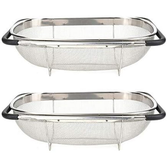 2 Pack Over the Sink Oval Colander for Kitchen, Stainless Steel Fine Mesh 6 Quart Strainer Basket with Expandable Rubber Grip Handles for Straining, Draining, Rinsing Fruits, Vegetables