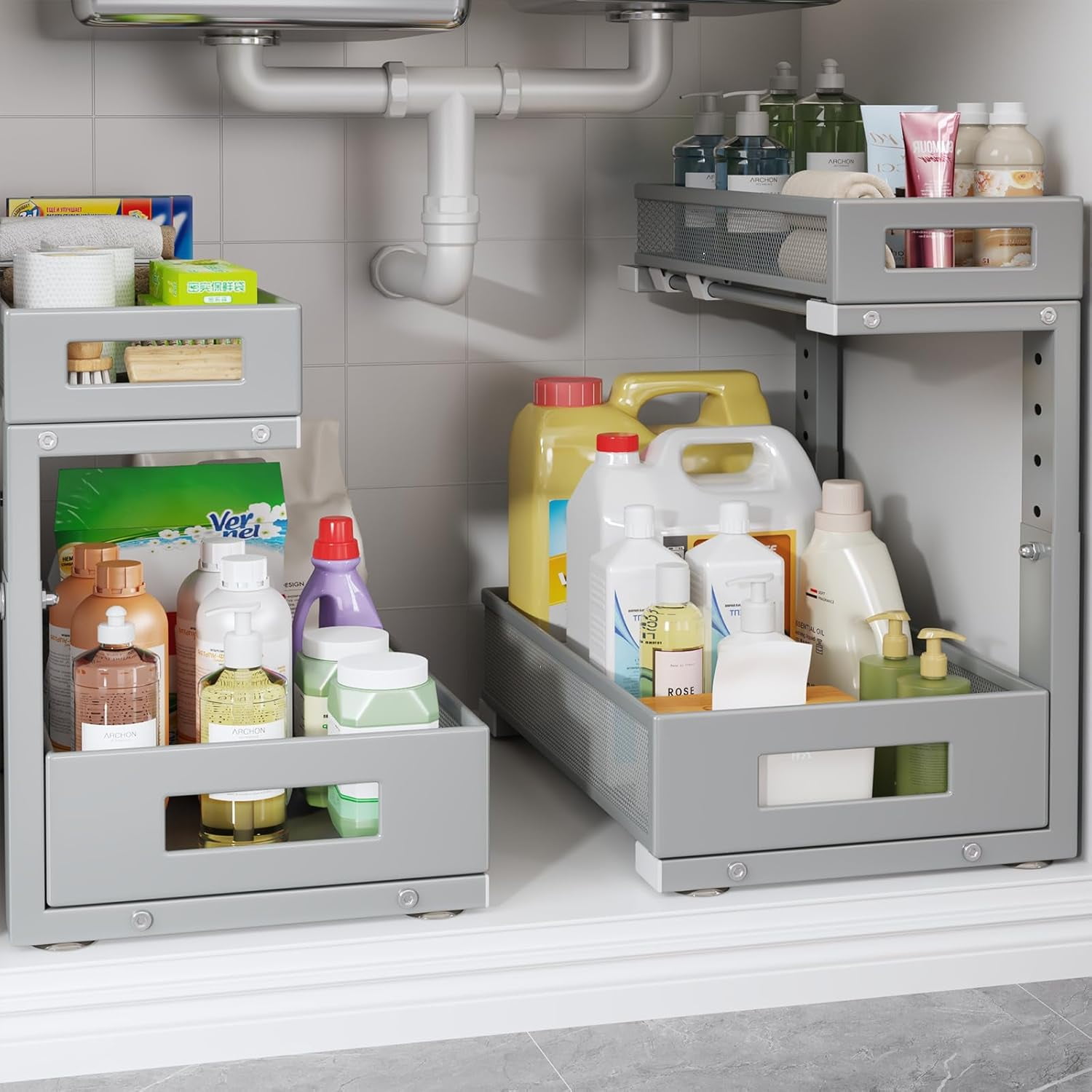 2-Pack Under Sink Storage Organizer, Large 2-Tier Elegant Mesh Pull Out ...