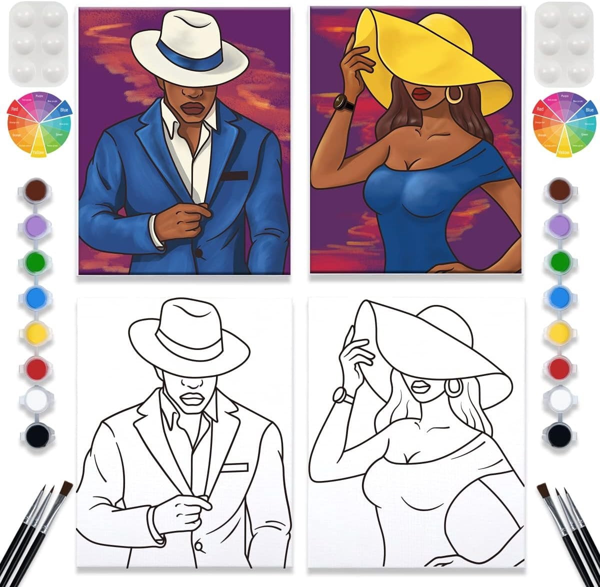 2 Pack  and Sip Canvas Painting Kit - 8x10 Pre Drawn Stretched Canvas for Adults - Couples , Date Night, Gentleman and Lady  Party, Anniversary, Valentines