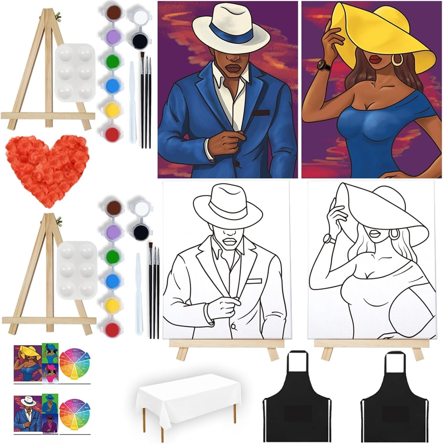 2 Pack  and Sip Canvas Painting Kit Pre Drawn Canvas for Painting for adults Stretched Canvas Couples  Date Night Anniversary Couple  Party 8X10 Ladies Gentlemen