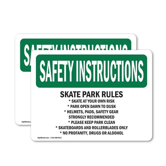 (2 Pack) Skate Park Rules Skate At Your Own Risk OSHA Safety Instructions Sign