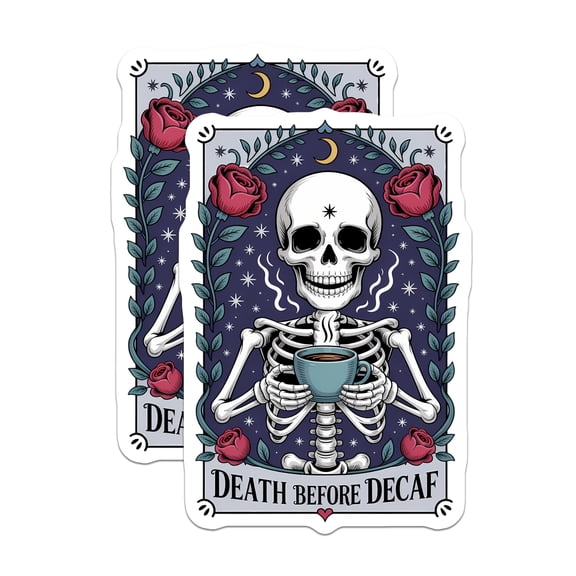 (2 Pack) Skeleton Coffee Magnets - Death Before Decaf - Gothic Aesthetic Kitchen Decor - 5 Inches On Longest Side - Thick Durable Magnet - Made in USA - MAG21004
