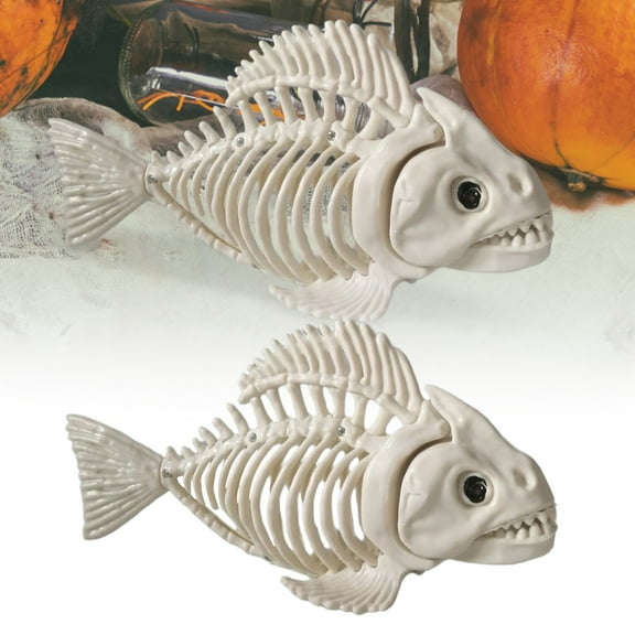 2 Pack Skeleton Fish Halloween Decor, Animals Skeleton Decorations Plastic Skull Fish Bones Figure Decor for Outdoor Indoor Bedroom Tank Party Props