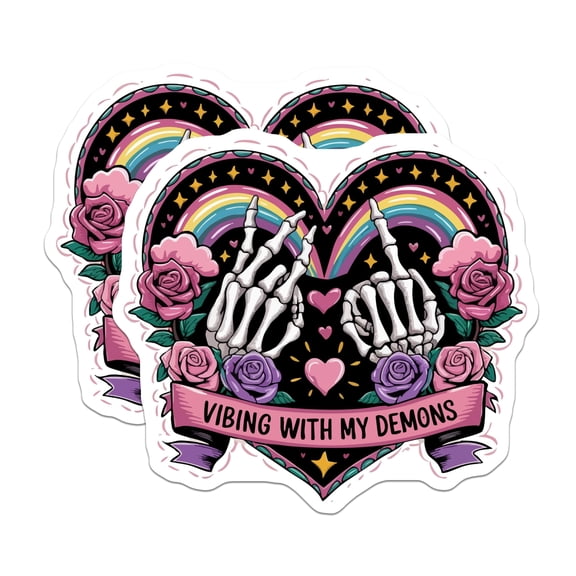 (2 Pack) Skeleton Hands Magnets - Vibing with My Demons Quote - Gothic Rainbow Emo Alternative Refrigerator Decor - 5 Inches On Longest Side - Thick Durable Magnet - Made in USA - MAG20997