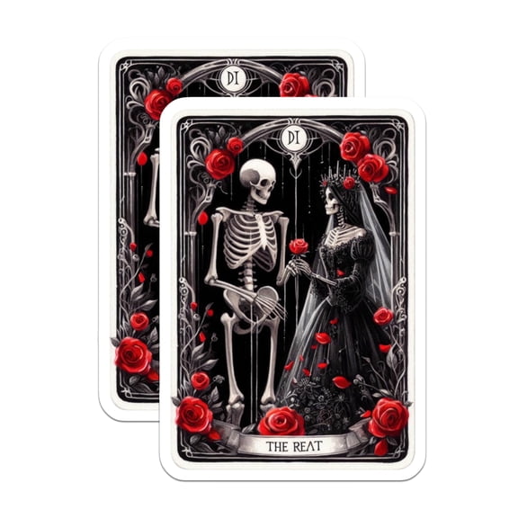 (2 Pack) Skeleton Lovers Stickers - Eternal Love Gothic Art - Romantic Undead Wedding Decals - Red Roses Skull Decor - 5" On Longest Side - Sticks to Smooth Flat Surfaces - Made in USA - BMCS22946