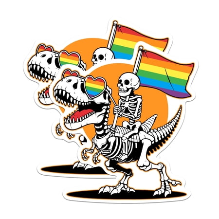 (2 Pack) Skeleton Riding a Trex Gay Pride Stickers - Cool Retro LGBTQ Sticker - 5 Inches On Longest Side - Premium Vinyl - for Cars, Trucks, Skateboards, Laptops - Made in USA - BMCS1686
