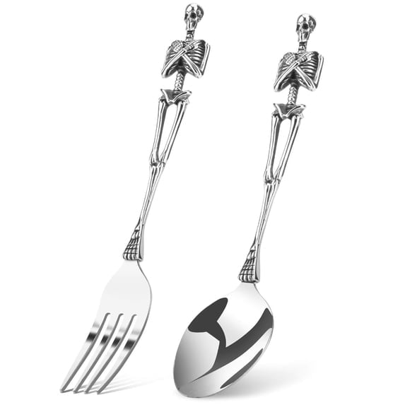 2-Pack Skeleton Stainless Steel Silverware Set (Unique Skull Design Fork and Spoon Cutlery for Halloween, Easter, and Holiday Table Settings - 2 Pieces)